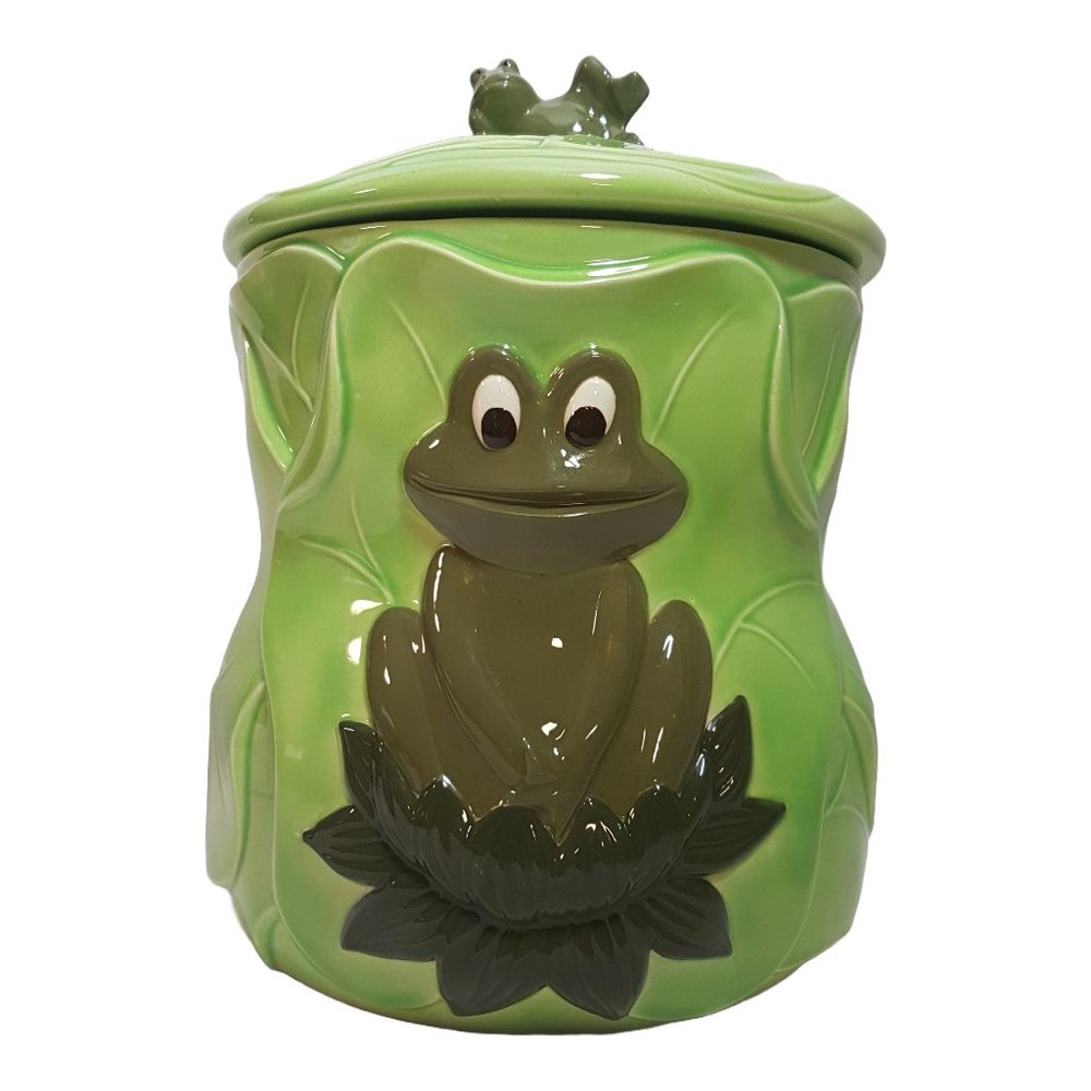 Vintage 1980s Cookie Jar Frog on Lily Pad Kimple Mold Corp Ceramic Canister